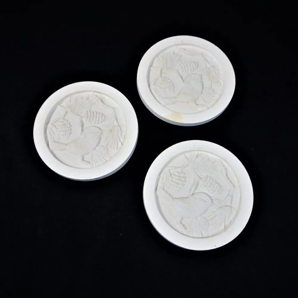 Chalkware Coasters Crossbill Bird And Pinecone Cork Back White Plaster Set Of 3
